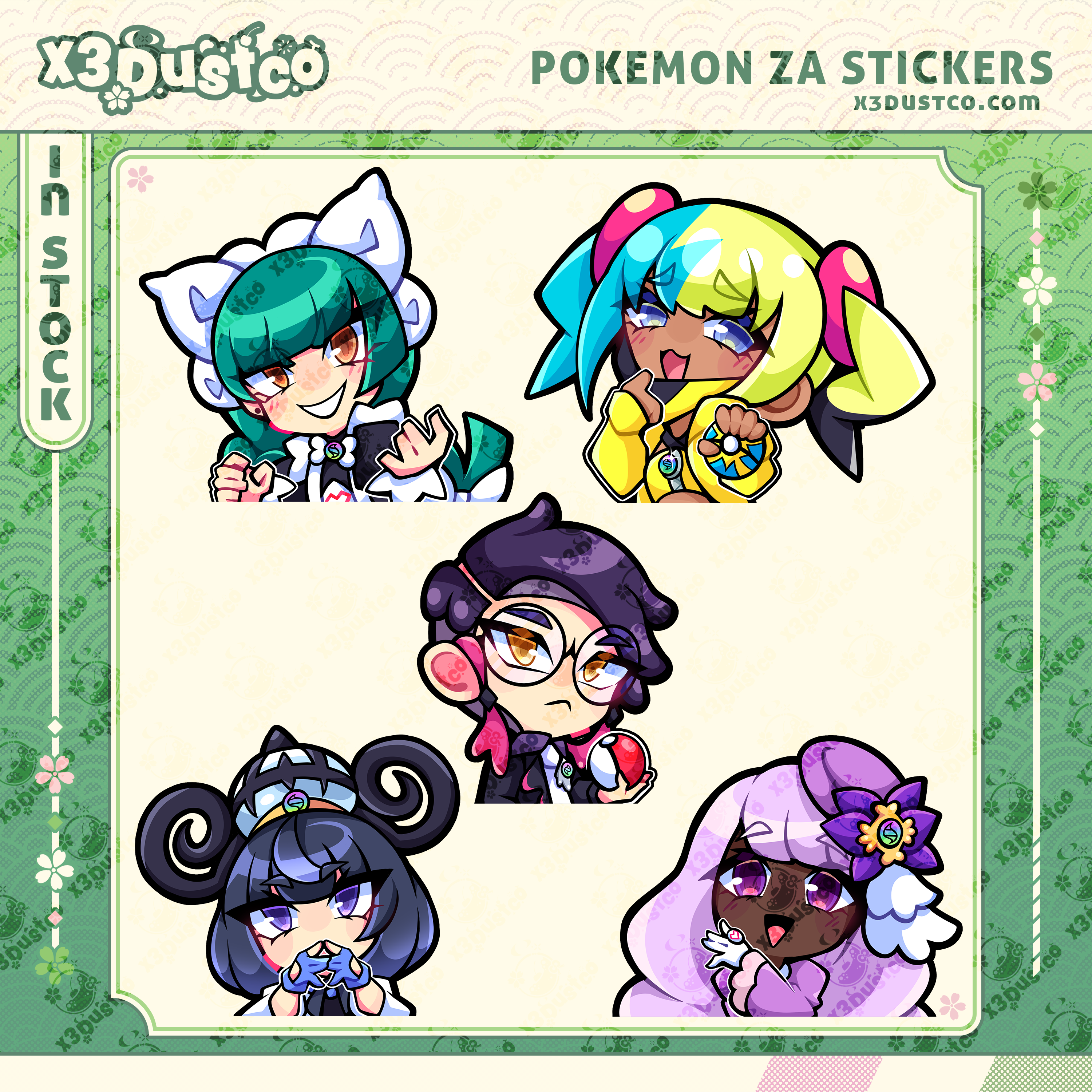 Pokemon ZA Trainers Sticker/Decals - Canari/Corbeau/Gwynn/Jacinthe/Lebanne